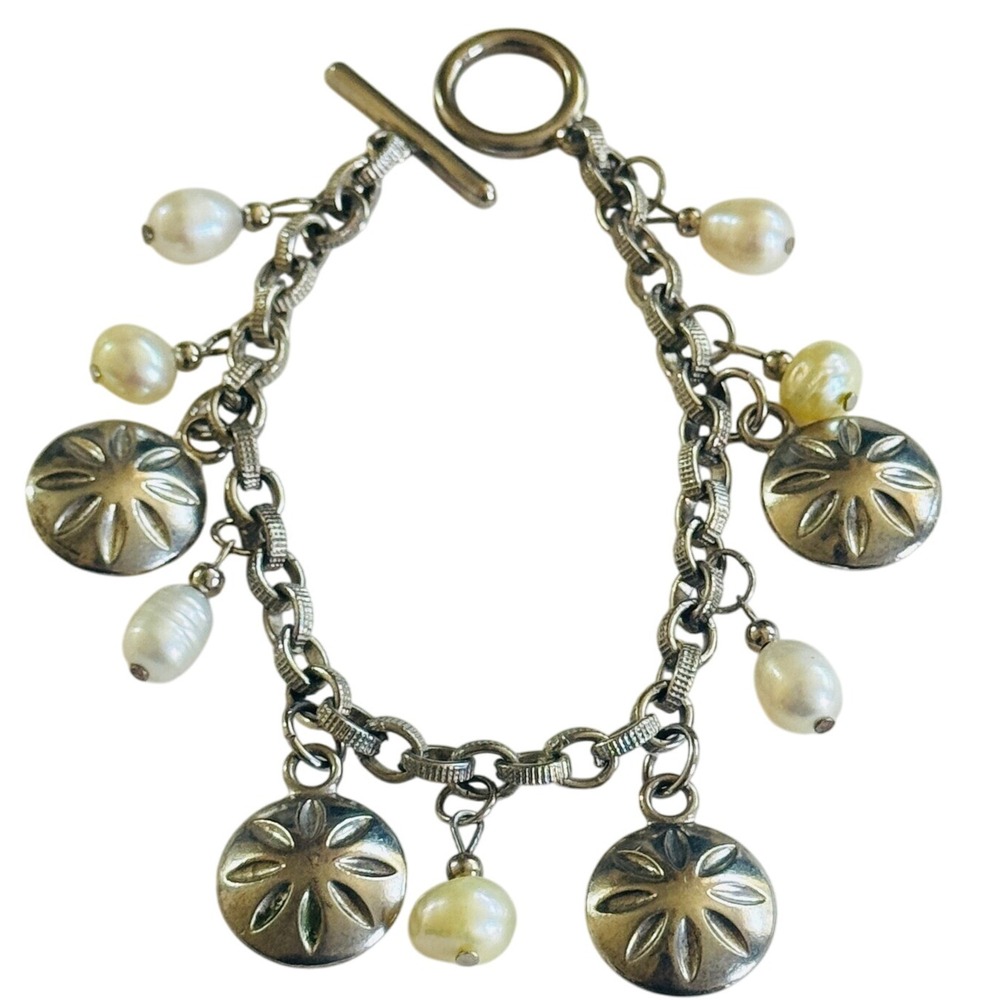 VTG Pearl Sand Dollar dangle charm bracelet Statement chunky rare Silver tone 7"